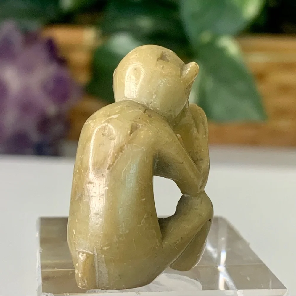 Vintage Soapstone Monkey Figurine Hand Carved Miniature Animal Stone Carving 1.5